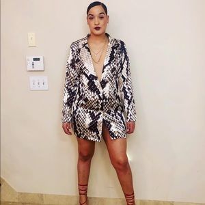 grey satin snake print blazer dress